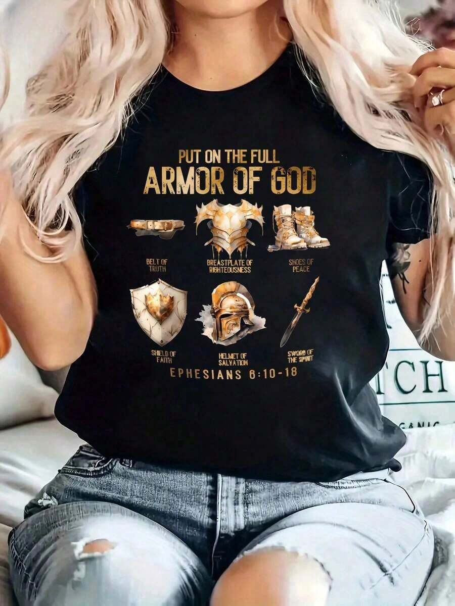 Christian T-Shirt For Women, 100% Cotton, With The Phrase "Armor Of God", 220g Heavyweight Cotton Christmas T-Shirt For Women (1 Piece) - 黑色 - 查看 1