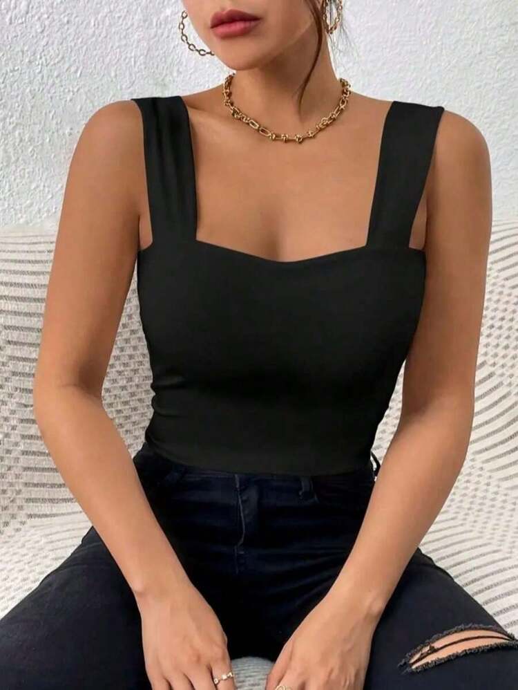 Camiseta de tirantes sexy con moldeado de busto y cintura, estilo urbano chic casual de verano - Negro - Añade 1