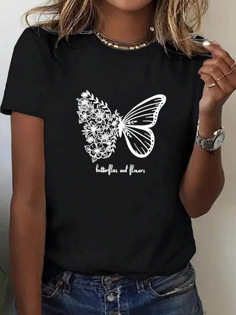Limited Time Offer, Limited Quantities, Flash ! Women's Casual Shirts, Women's Polyester T-Shirts, Elegant Shirts. Women's Short-Sleeved Crew Neck T-Shirt With Butterfly Letter Print For Everyday Wear, Women's Fashion - 黑色 - 查看 1