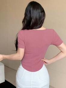 Camiseta de mujer de verano de cuello cuadrado, manga corta, unicolor, ajuste ceñido, tops lindos - Rosa - Ver 5