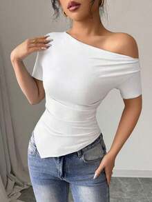 Camiseta de punto elástica de corte asimétrico con hombros oblicuos y volantes para mujer, de primavera/verano, camiseta de señora cómoda y de moda - Blanco - Ver 6
