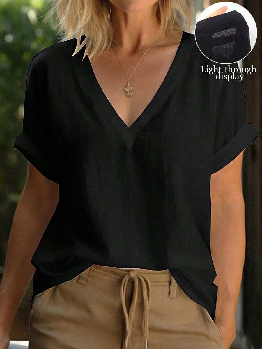 Blusa casual holgada de mujer de unicolor con cuello en V y manga corta - Negro - Ver 1