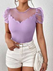Privé Camiseta de malla en contraste ribete en abanico de manga farol - Lila Púrpura - Ver 1