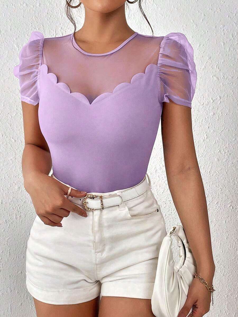 Privé Camiseta de malla en contraste ribete en abanico de manga farol - Lila Púrpura - Ver 1