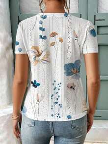 Frenchy Camiseta casual de manga corta con cuello redondo para mujer con estampado floral de verano - Multicolor - Ver 2