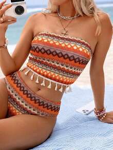 2 piezas Conjunto de bikini con camiseta de mujer, tela con textura a rayas de colores, decoración con flecos bohemios, estilo de resort de playa, adecuado para piscina y playa - Multicolor - Ver 3