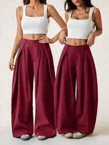 Pantalones anchos de verano con dobladillo curvo verde, estilo vintage, casual y para salir - Burdeos - Ver 8