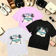 Choose One Of The Three Sets Women's T-Shirt Retro Summer Vibes Palm Tree Beach Print 100% Cotton Oversized Soft Breathable Casual Crewneck Short Sleeve Top Streetwear Aesthetic - 黑色 - 查看 1