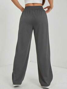 Pantalones casuales con rayas laterales negras, de estilo simple y de moda para uso diario, graduación, maestros y vuelta al colegio para mujeres - Gris Oscuro - Ver 2