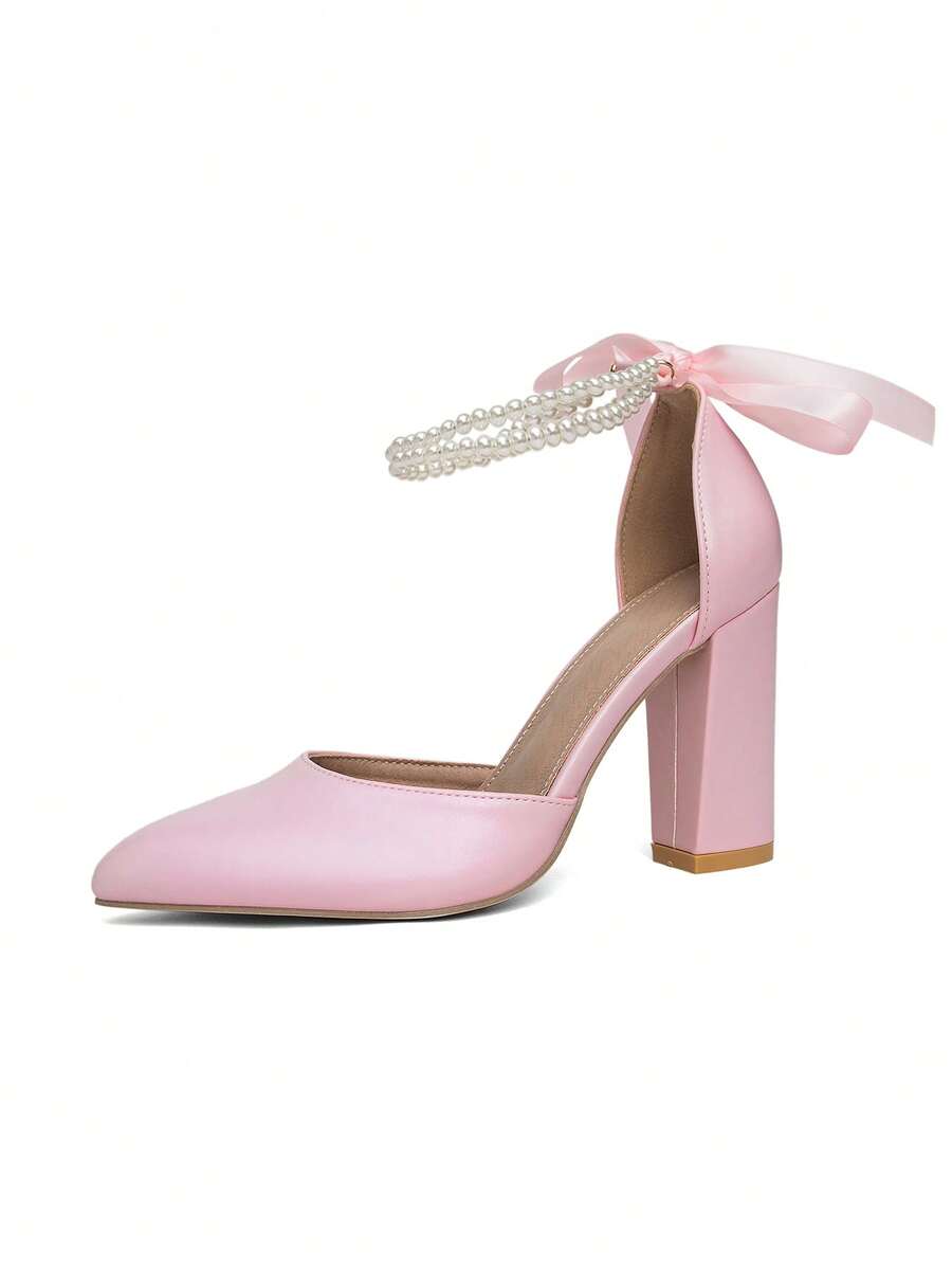 Sepatu Hak Tinggi Wanita Terbaru, Elegan, Seksi, Cocok untuk Pernikahan, Kencan, Pesta, Rantai Mutiara, Pita, Warna Solid, Ujung Lancip, Hak Tebal