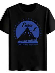 Unisex Vintage T-Shirt With Erebor Mountain Graphic, Crew Neck, Short Sleeve, Slightly Stretchy, For Men And Women, Travel, Beach, Holidays And Outings - 黑色 - 查看 1