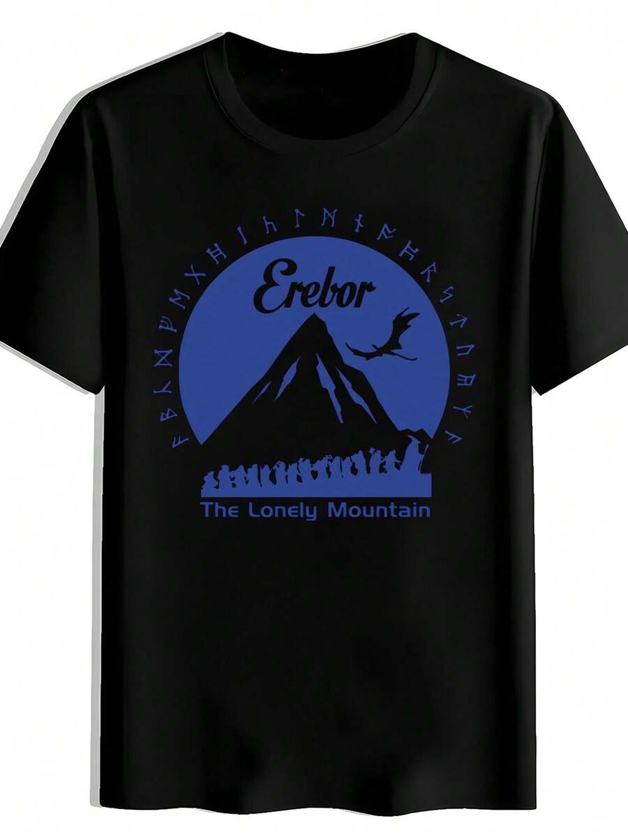Unisex Vintage T-Shirt With Erebor Mountain Graphic, Crew Neck, Short Sleeve, Slightly Stretchy, For Men And Women, Travel, Beach, Holidays And Outings - 黑色 - 查看 1