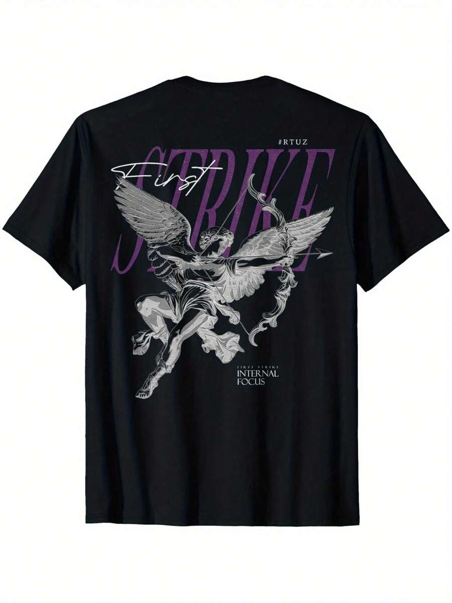 Unisex Vintage Edgy Hip Hop Style T-Shirt Y2K With Angel Back Print For Men And Women - 黑色 - 查看 1