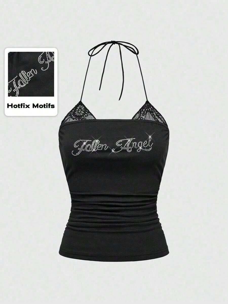 Camiseta de tirantes finos con adornos de strass y ribete de encaje 2 en 1 para mujer - Negro - Ver 1