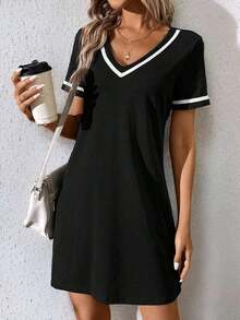 Vestido de punto de bloques de color con cuello en V, elegante y casual, con correa tejida, negro - Blanco y Negro - Ver 7
