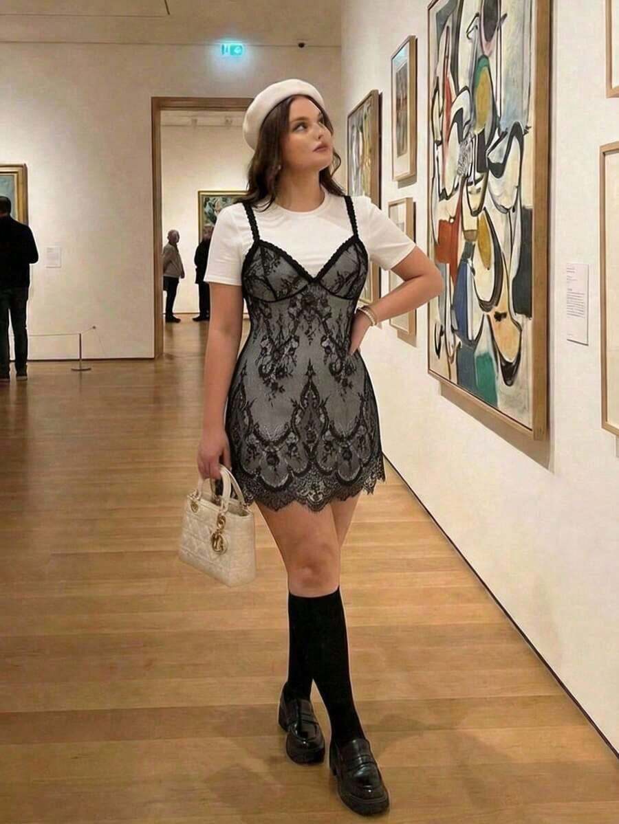 Vestido mini de encaje en negro y blanco talla grande 2 en 1 - Blanco y Negro - Ver 1