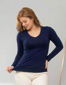 Set Of 2 Long Sleeve T-Shirts, Base Layer Blouses, V-Neck, Slim Fit, Workwear, Winter, Basic, Plain - 藏蓝色 - 查看 8