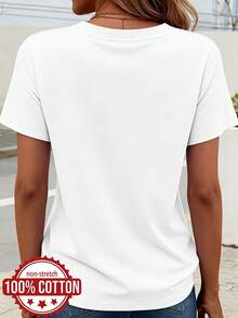 Camiseta de Mujer de Verano, Cuello Redondo, Manga Corta, 100%, Ideal para Salidas Diarias, Viajes, Vacaciones y Citas, Estampado de Silueta de Gato, Top Casual, Tela Versátil y Cómoda - Blanco - Ver 2
