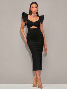 YHHSHEIN  Vestido girante delantero ribete con fruncido con abertura con abertura traseraYHH - Negro - Ver 5