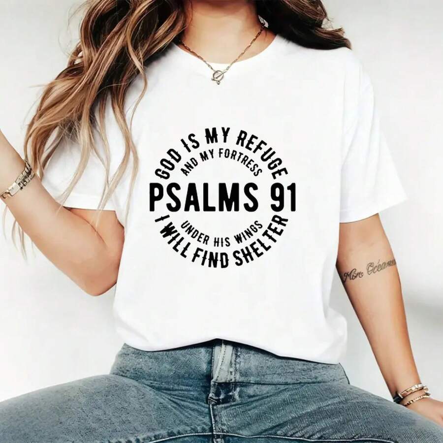 Camiseta del Salmo 91, Camiseta Cristiana, Camiseta de Jesús, Regalo para Mujer, Camisetas de Fe, Camiseta del Mesías, Versículo Bíblico, Regalos Religiosos para el Día de la Madre, para Oración, para Mujer, Cuello Redondo, Casual - Blanco - Ver 1