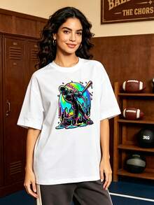 Camiseta de manga corta con cuello redondo suave y casual de verano para mujer, estilo béisbol, universitario, tops para salir, algodón, vintage, estilo callejero europeo y americano, casual deportivo, estilo unisex, estilo casual urbano, tops bonitos, Gen Z, curvas, ropa Y2K, camisetas divertidas, tops para damas, conjuntos de vacaciones para mujer, top lindo, camiseta gráfica, conjuntos de primavera, camisetas holgadas, ropa de calle retro, estilo de los 90, estilo de los 2000, subcultura, top negro, tops blancos, conjunto de fiesta de los 90. Blanco - Blanco - Ver 3