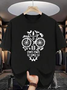 Camiseta con Estampado de Piezas de Bicicleta y Calaveras - Manga Corta, Cuello Redondo, Estilo Casual de Verano para Entusiastas, Motociclistas y Uso Casual - Prenda Lavable a Máquina - Negro - Ver 7