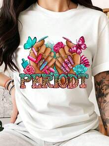Camiseta de Mujer Moderna y Colorida con Diseño de Mariposas y Flores para Arte de Uñas, Gráfico Textual para Uso Casual en Primavera y Verano, Regalo Perfecto para Amantes del Arte de Uñas y Mujeres. - Blanco - Ver 6