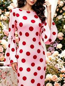 2026 Neues Polka Dot Meerjungfrau Kleid/Vintage elegantes Kleid/Formelles Anlasskleid langes Kleid mit langen Ärmeln/Trompetenärmeln, rundem Ausschnitt, mehrlagigem Rüschensaum, schmaler Passform, Hochzeitsgastkleid, Date-Abendkleid - Pink - Übersicht 9