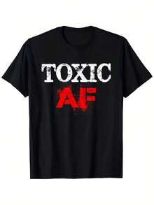 Camiseta de algodón negra con estampado Toxic AF - Letras llamativas con efecto desgastado y diseño de salpicaduras rojas, corte regular, cuello redondo, estilo casual para hombres y mujeres, lavable a máquina, adecuada para actividades al aire libre y uso diario, tela vintage para todas las estaciones, camiseta elegante para fiestas. - Negro - Ver 6