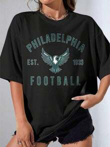 Camiseta Casual para Mujer, Cuello Redondo, Estampada, con Logotipo de los Philadelphia , para Festivales y Fiestas, 100% Algodón, Resistente - Negro - Ver 7