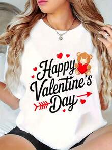 Camiseta de San Valentín Negra con Estampado de Oso de Peluche y Corazón, Estilo Casual para Mujer, Atuendo Romántico para una Cita Nocturna - Estilo Vintage Urbano, Unisex, de Algodón, Manga Corta, Cuello Redondo, Camisetas para Mujer. blusas.blusas casuales para dama.Impresión de osos cariñosos.Camiseta estampada Impresión de osos cariñosos. - Blanco - Ver 7