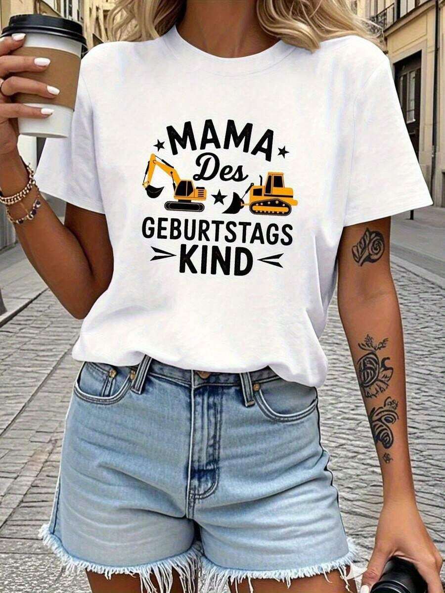 Camiseta Casual de Manga Corta y Cuello Redondo para Mujer, Estampado Temático de Cumpleaños, Primavera-Verano, para Celebración de Cumpleaños, Salida Diaria, 100% Algodón - Blanco - Ver 1