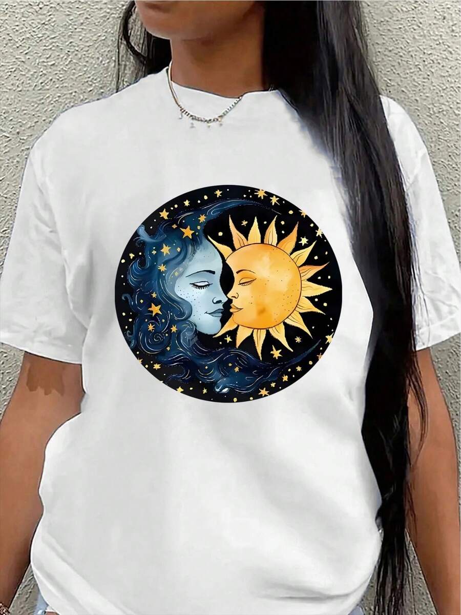 This Lightweight And Durable Short-Sleeved T-Shirt, Featuring A Sun And Moon Design, Is Perfect For Lounging At Home, Going To Cafes, Or Enjoying Leisure Time Outdoors. It Boasts Eye-Catching Cosmic Art Patterns And A Comfortable Fit. (Women's Blouses > Clothing) - 白色 - 查看 1