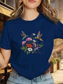 1 camiseta de manga corta con cuello redondo, estampado floral y de aves en negro - Prenda casual y cómoda, adecuada para uso diario, para usar en capas, lavable a máquina - Un elemento esencial del guardarropa tanto para atuendos de oficina como de fin de semana, 100% algodón de 180g. - Blanco - Ver 10