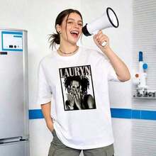 Women's Summer Clothes, Soft Cotton Casual Round Neck T-Shirt, Legendary Singer Lauryn Hill, Black And White Portrait Print. - 白色 - 查看 3