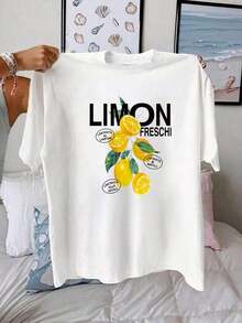 ropa de mujer Camiseta con estampado de limones frescos y letras para mujer, corte regular, adecuada para uso casual en primavera y verano, camisetas con estampado de limonada, camiseta de algodón puro, tops para amantes de la fruta, camisas de mujer - Blanco - Ver 2