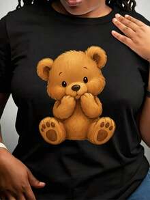 ropa de mujer Camiseta casual de manga corta para mujer con un adorable estampado de oso, diseñada para un ajuste regular, lavable a máquina para todas las estaciones, con un patrón de oso, hecha de tela cómoda y duradera adecuada para el uso diario camisas de mujer - Negro - Ver 1