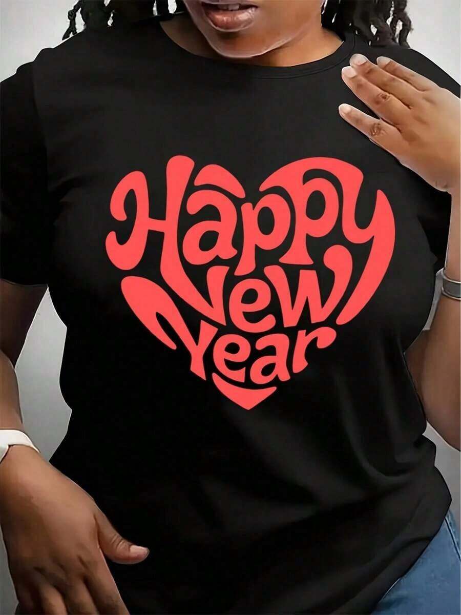 Suave, transpirable y ligera para comodidad durante todo el día. Talla grande - Camiseta de cuello redondo para mujer - Camiseta con estampado de Feliz Año Nuevo - Camiseta casual suave para el día a día - Atuendo para fiestas navideñas - Regalo de cumpleaños o Navidad para mujer - Prenda esencial para todo el año - Camiseta para mujer, ropa festiva, camiseta con patrón geométrico, camiseta funcional, moda de temporada, blusa elegante, material transpirable, camiseta corta, para amantes de la moda. Cuello redondo clásico con un corte relajado que favorece todas las formas del cuerpo y es fácil de combinar con jeans, shorts y leggings. - Negro - Ver 1