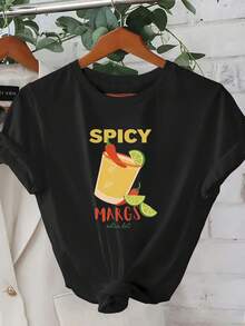 Camiseta Casual de Manga Corta con Cuello Redondo y Estampado de Margarita con Chile Picante para Mujer - Negro - Ver 1