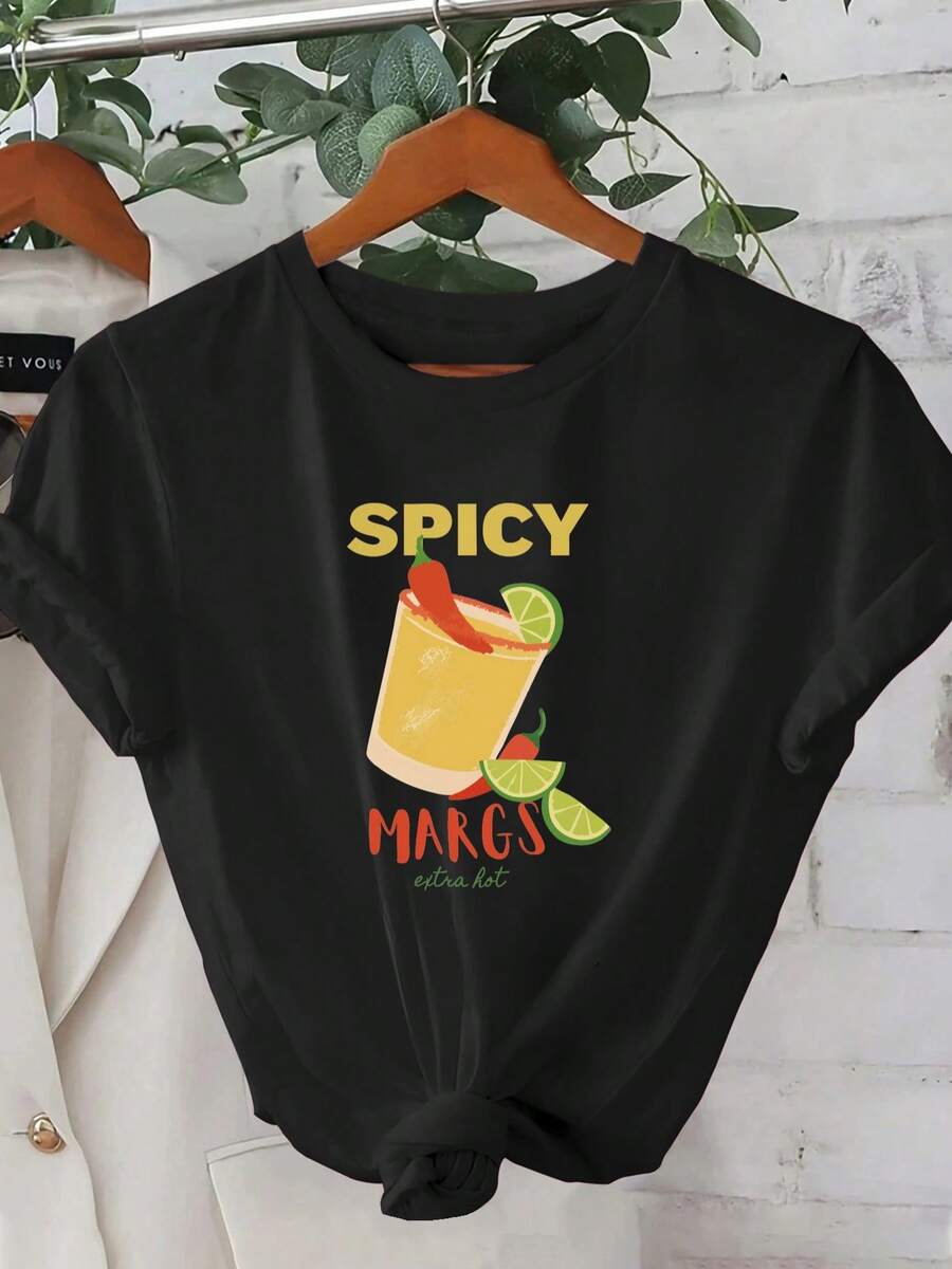 Camiseta Casual de Manga Corta con Cuello Redondo y Estampado de Margarita con Chile Picante para Mujer - Negro - Ver 1