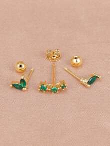 3件套时尚18K镀金耳钉套装，女士不锈钢立方氧化锆叶子花朵气质耳环饰品 - 1-Gold-3pcs - 查看 4