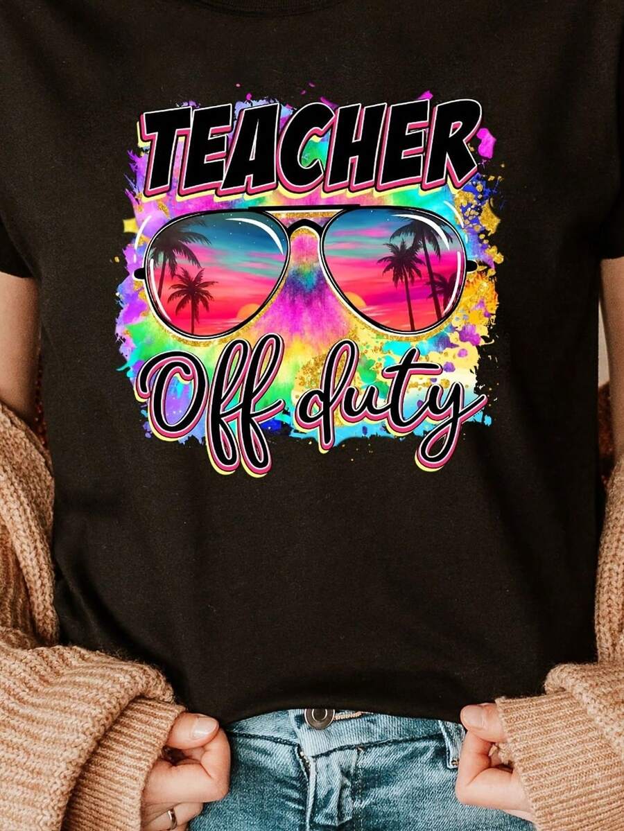 Round Neck T-Shirt With Teacher's Day Print, Casual Short Sleeve Top For Summer And Spring, Women's Clothing - Black - View 1