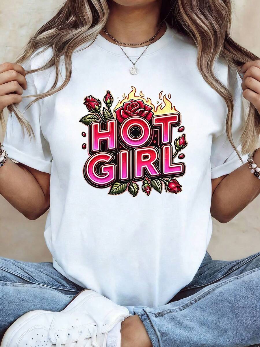 Talla Grande - Talla Grande - Camiseta de Mujer Talla Grande con Estampado de Rosas en Llama "HOT", Estilo Moderno y Genial de Manga Corta, Perfecta para Festivales de Música, Fiestas, Salidas Urbanas y Reuniones Informales. - Blanco - Ver 1