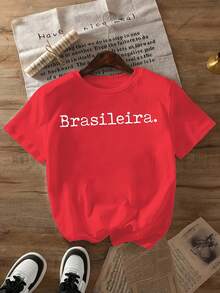 Mexican T-Shirt With MexicanBRASILEIRA Letter Print, New Round Neck T-Shirt For Spring And Summer, Women's Clothing, Cotton T-Shirt, Summer Fashion - 紅色 - 查看 1