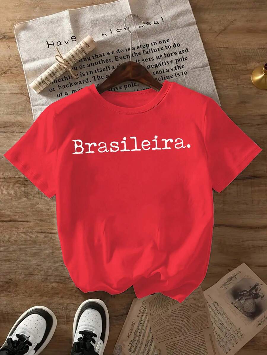 Mexican T-Shirt With MexicanBRASILEIRA Letter Print, New Round Neck T-Shirt For Spring And Summer, Women's Clothing, Cotton T-Shirt, Summer Fashion - 紅色 - 查看 1