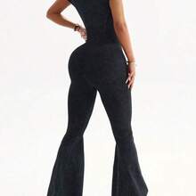 Slayform 1pc Women's Seamless Washed Matte Sweetheart Collar Butterfly Sleeve Slimming Yoga Exercise Dance Gymnastics Jumpsuit Flare Pants - Negro - Ver 3