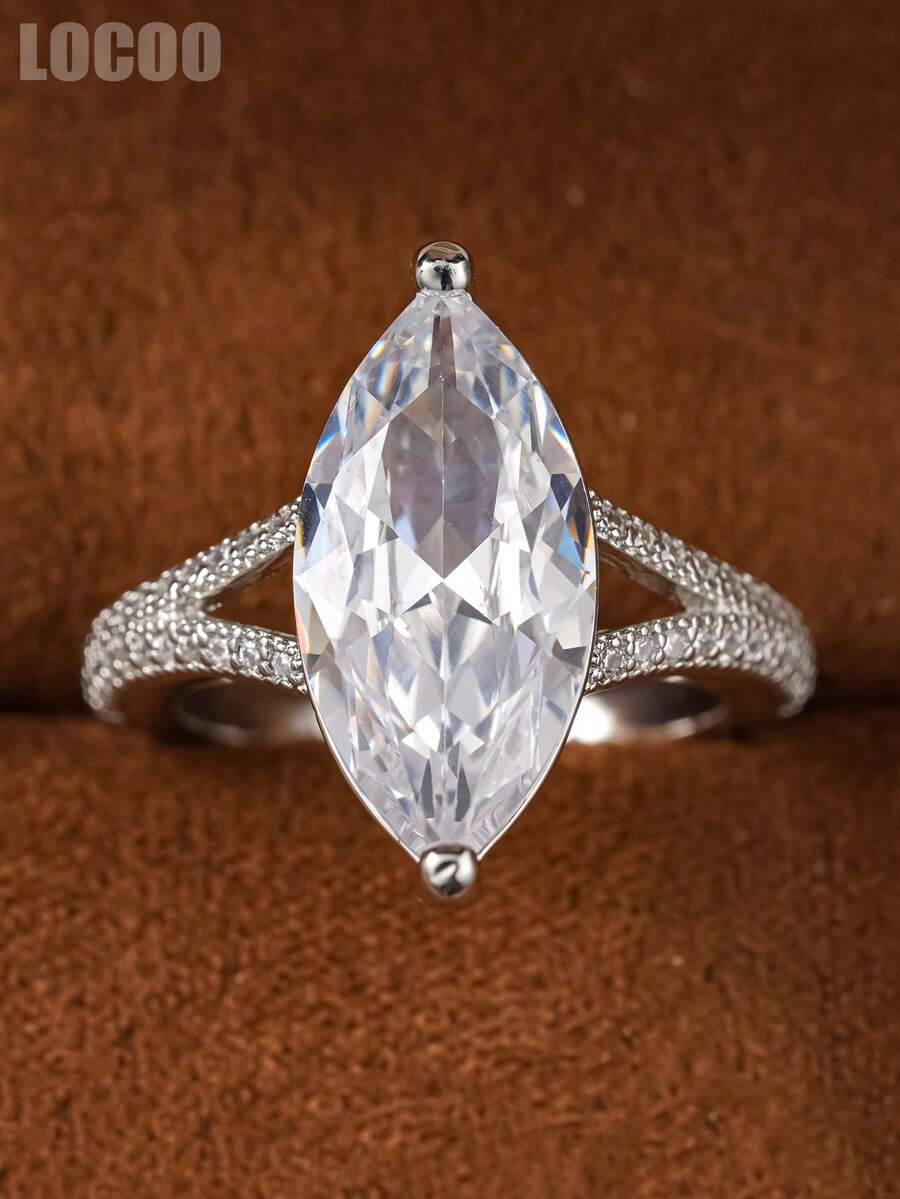 1 pieza Anillo de piedra de circonita cúbica elegante, adecuado para mujeres, apto para boda, compromiso, uso en fiestas de aniversario, regalo del Día de San Valentín - Plateado - Ver 1
