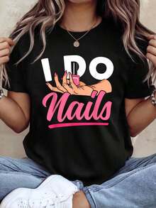 Work Uniform For Nail Technicians, T-Shirt With Nail Polish Design And The Phrase "I Do Nails" - Black - View 1