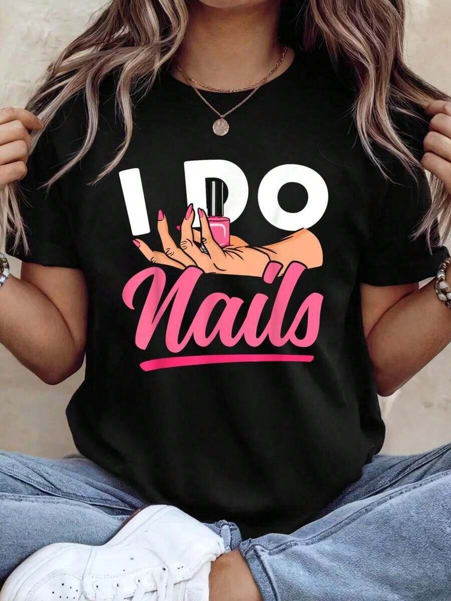 Work Uniform For Nail Technicians, T-Shirt With Nail Polish Design And The Phrase "I Do Nails" - Black - View 1