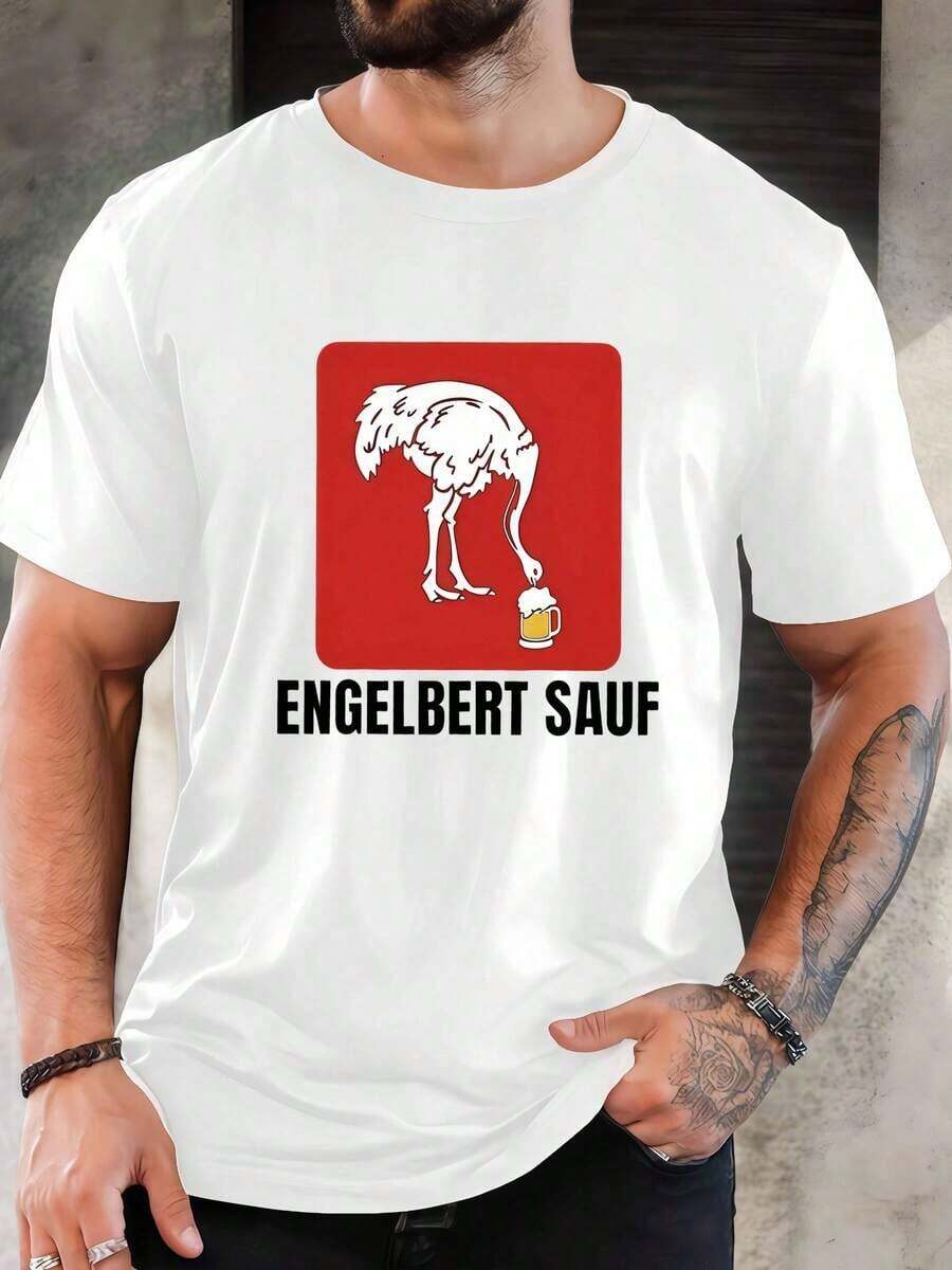 Men's T-Shirt With A Fun Ostrich Drinking Beer Design: White Base With A Red Background, Featuring A White-Painted Ostrich Pecking At Beer, With Lettering. A Quirky Style With A Relaxed And Humorous Touch, Suitable For Casual Everyday Wear And Gatherings With Friends. Men's Clothing, T-Shirts, Men's Western Wear, Men's Shirts, Graphic T-Shirts, Women's Clothing, Summer Tops, Summer Wear, Graphic T-Shirts. - 白色 - 查看 1